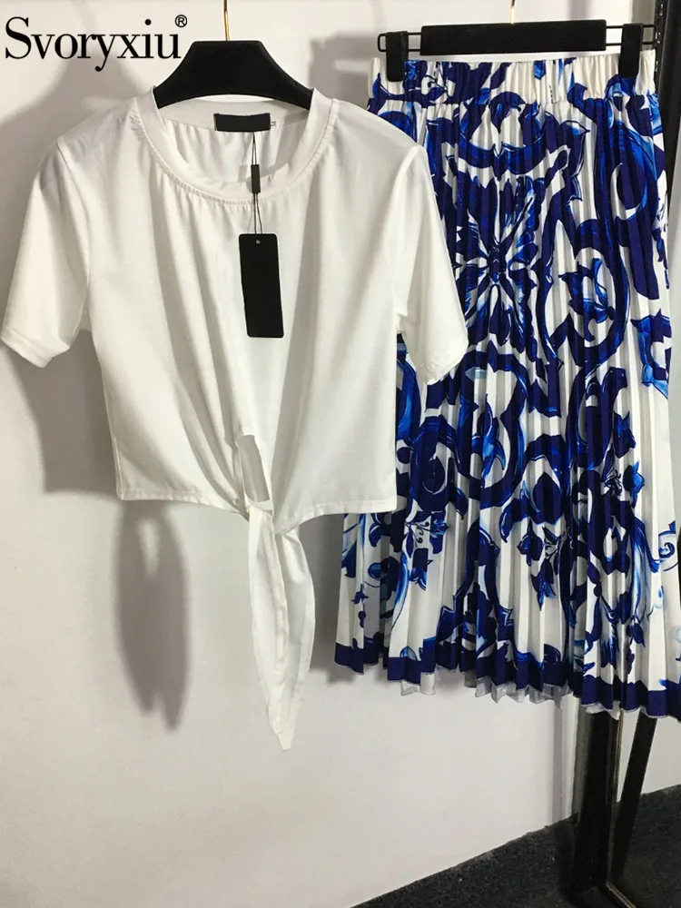 

Женский костюм с короткой юбкой Svoryxiu, голубой и белый костюм из короткой юбки с круглым вырезом и плиссированной юбки с фарфоровым принтом на лето 2019