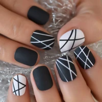 short round fake nails black white lines simple design fingernail tip professional french nail art for student office lady