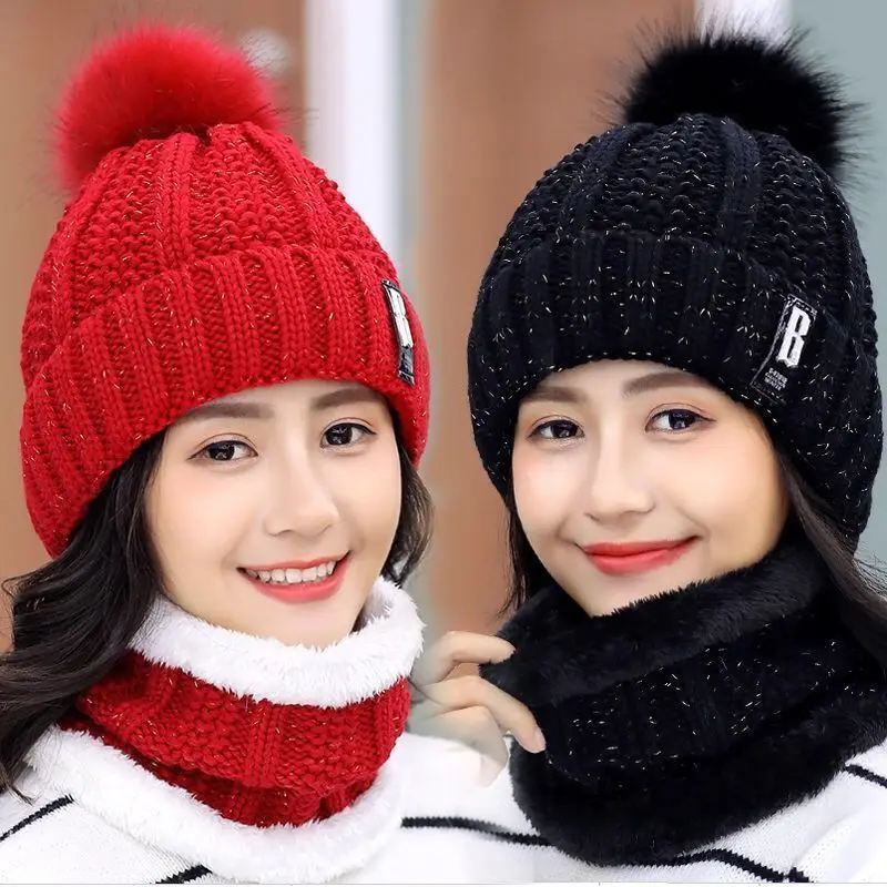 

Warm Winter Skullies Beanies Knitted Hat Women Brand High Quality Winter Women Ball Ski Wool Fur Hat Pompoms Hats Knitted Scarf