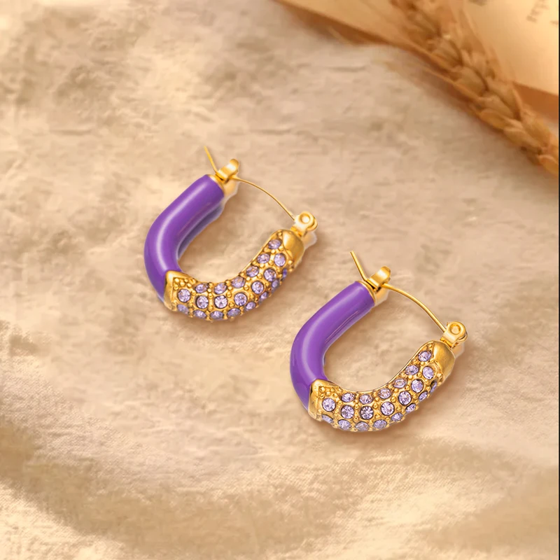 Фиолетовые эмали U-образные серьги-кольца со стразами и кристаллами для девочек