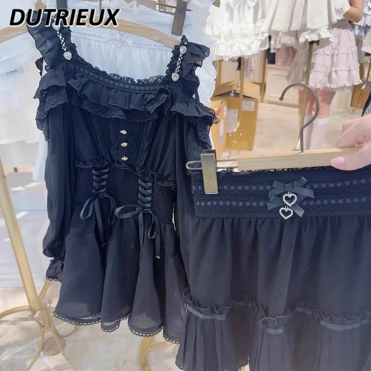 Японская осенняя серия Sweet Mine Массовый шифоновый топ с открытыми плечами и рюшами