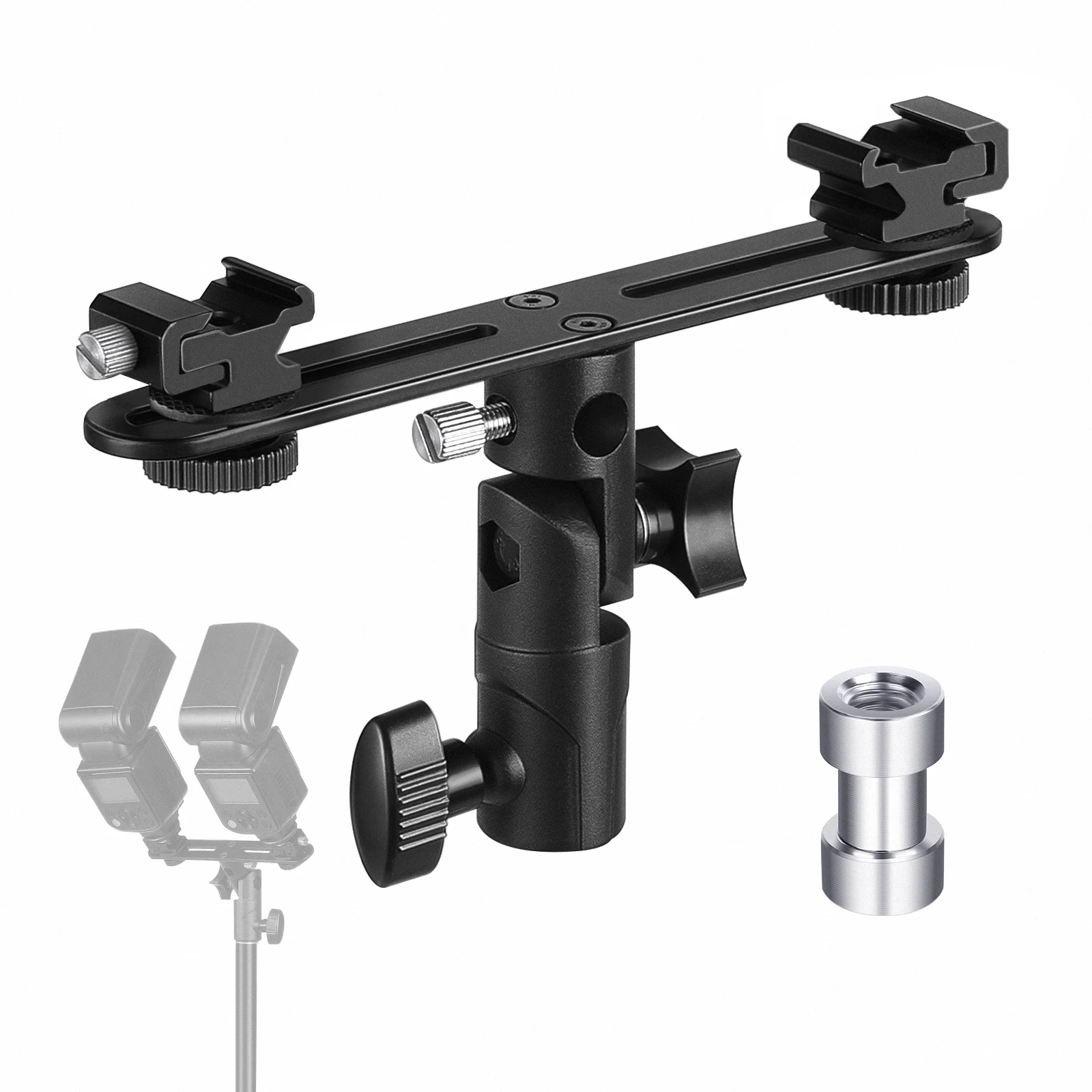 

NEEWER Dual Cold Shoe Flash Mount Speedlight Bracket, 180° Swivel for Light Stand with Flash Hot Shoe Extension Bar, 1/4" to 3/8