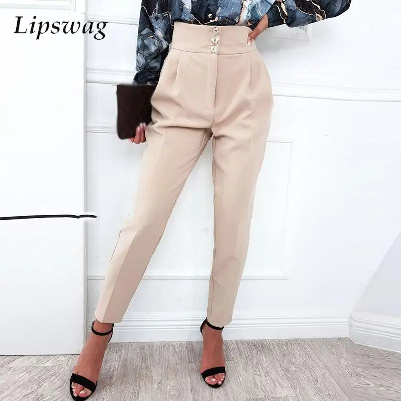 

All-match Women Solid Button Zipper Casual Pants Spring Elegant High Waist Suit Pencil Pants Office Lady Commute Pocket Trousers