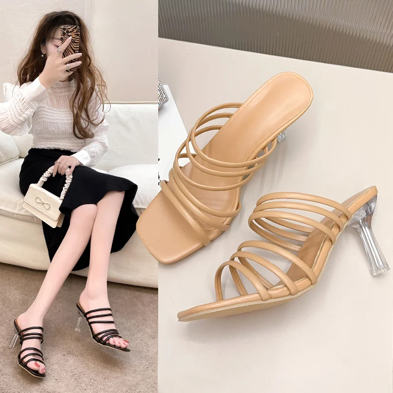 

Summer Fashion Brand Square Toe Women's Slippers Narrow Strap Transparent Stiletto Sandals Women's Slide Slippers