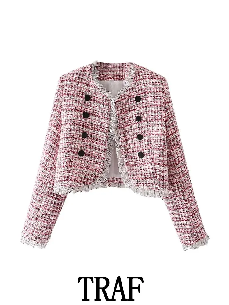 

TRAF 2023 Woman Plaid Tweed Texture Crop Blazer Fashion Chic Raw Trim Long Sleeve Jackets Coat Autumn Causal Tops
