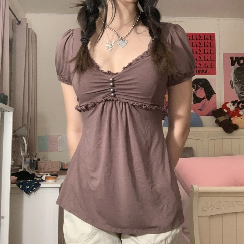 Винтажная коричневая футболка в стиле 90-х с оборками Y2K эстетичные волнистые