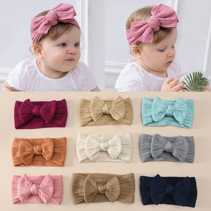 

Повязка для волос жаккардовая с узелком для новорожденных, широкая эластичная вязаная лента для волос с бантом, мягкий тюрбан для младенцев