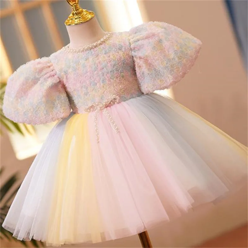 

Children's dress princess pearl puff sleeve colorful girl tutu girl rose flower party dress