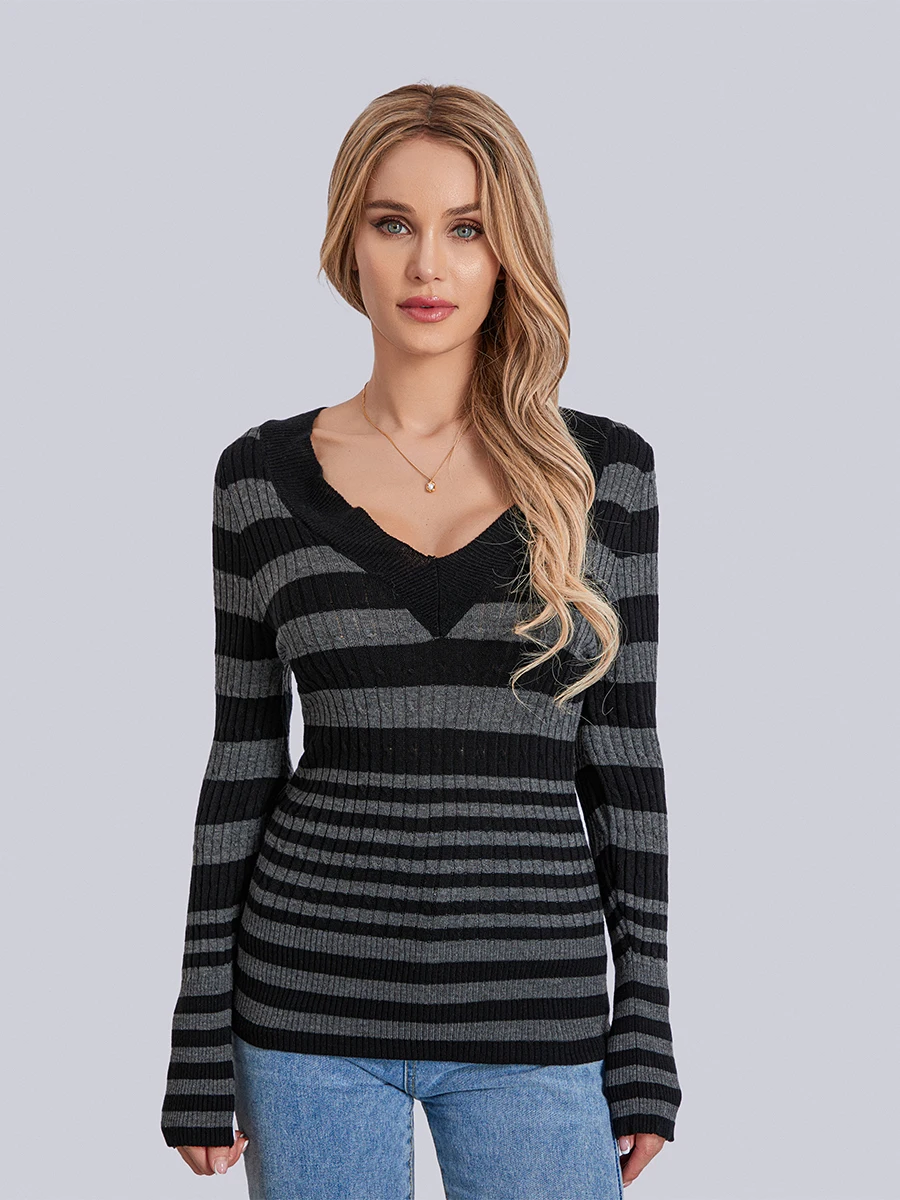 

Women Long Sleeve Striped Print Knitted Shirt Autumn Basic Knit Tops Casual Sweater Pullover for Fall Club Streetwear