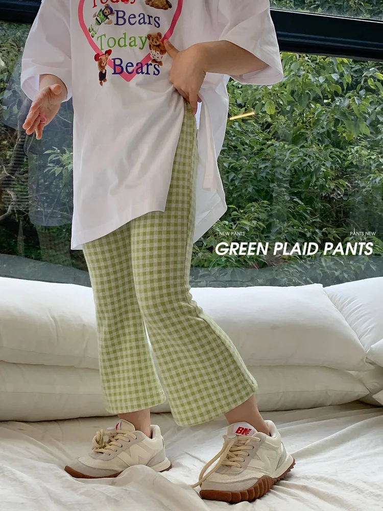 

Новинка лета 2023, Модные расклешенные брюки для девочек, клетчатые брюки, детские модные универсальные брюки, эксклюзивная одежда, простой стиль