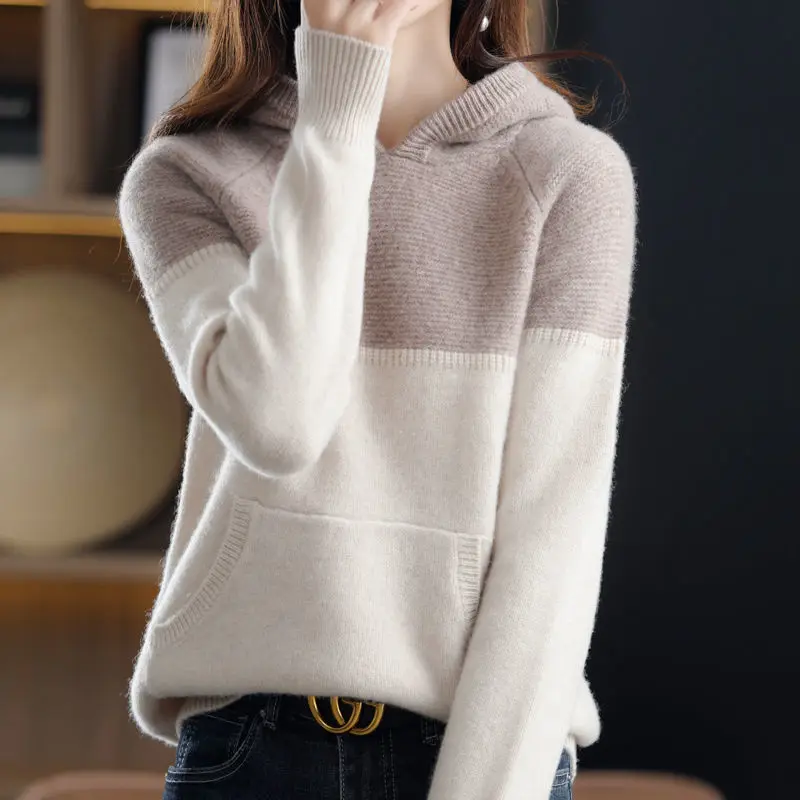 

Autumn Winter Ladies Hooded Knitted Sweater Long Sleeve Patchwork Colors Soft Comfortable Loose All-match Bottoming Top T221