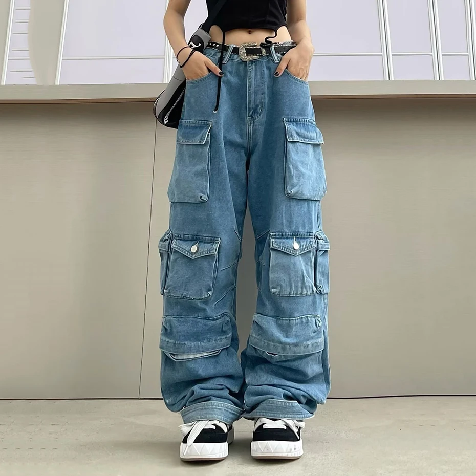 Multi Pockets Baggy Jeans Men Y2K Streetwear Harajuku Loose Jeans Fashion Hop Hop Tactical  Cargo Denim Pants Black Blue