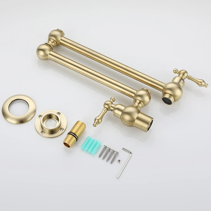 brass pot filler tap wall mounted kitchen faucet foldable gold single cold sink tap rotate folding spout free global shipping