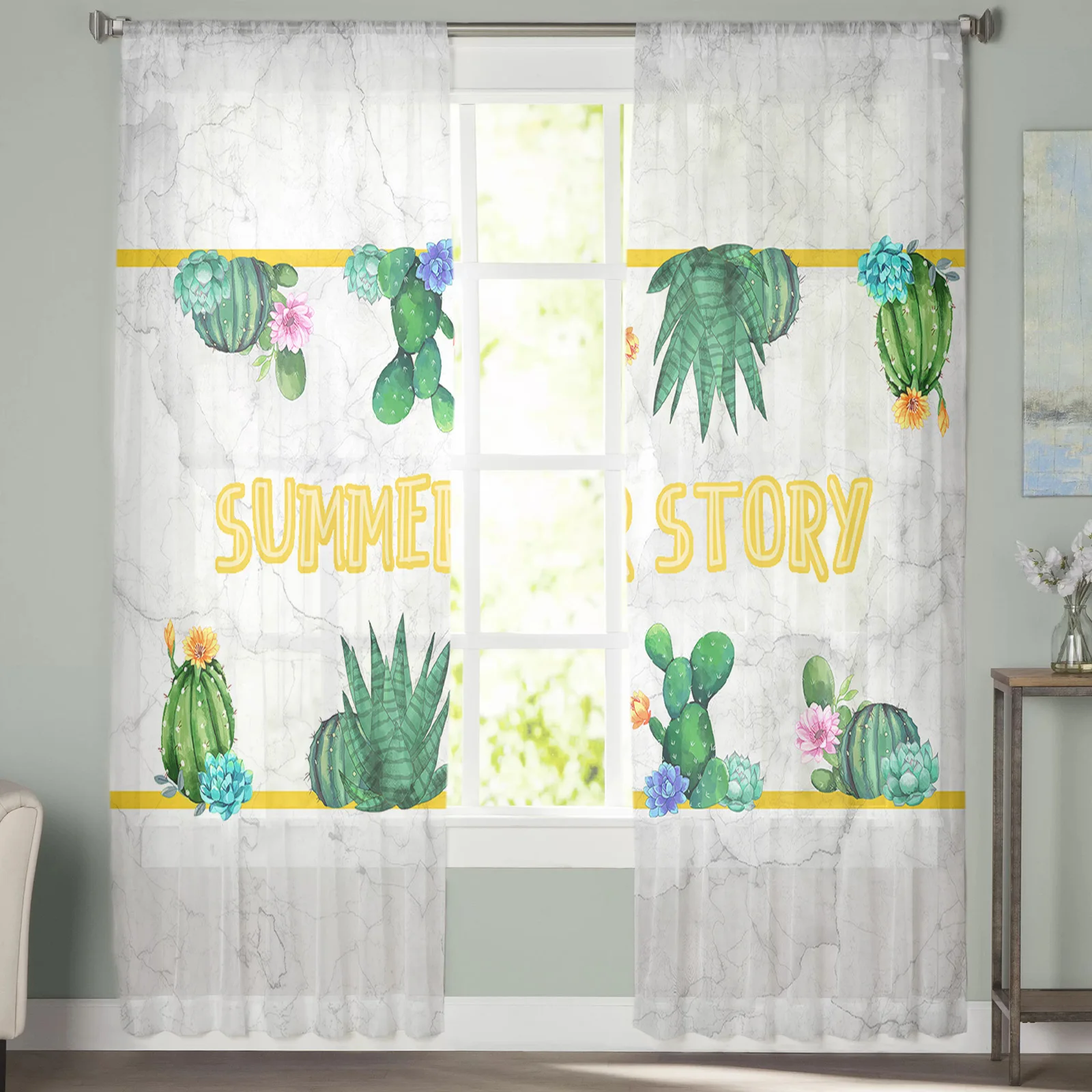 

Cactus Succulents Summer Tulle Curtains For Living Room Bedroom Decoration Luxury Voile Valance Sheer Curtains For Kitchen