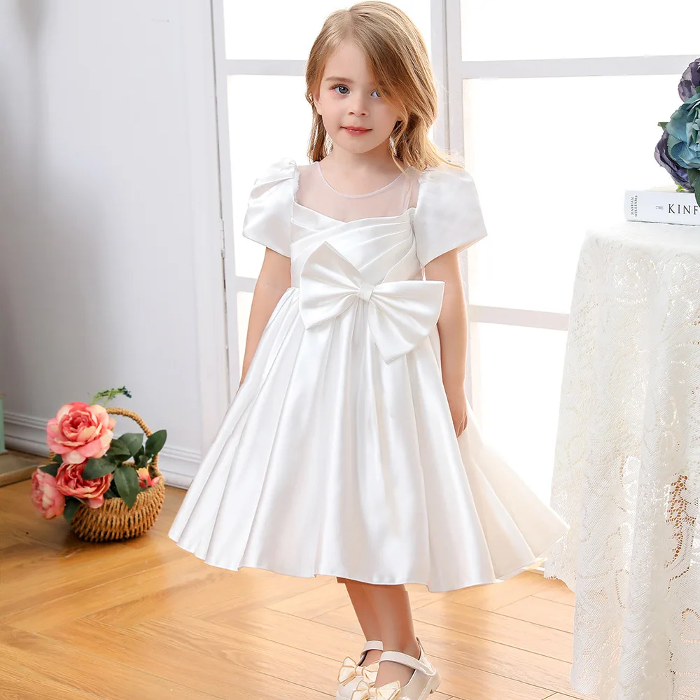 

Vintage Princess Dress for Young Children Girl Kid Girls Bowknot Ruched Satin Dresses Child Baptism Ceremony Party Ball Gowns