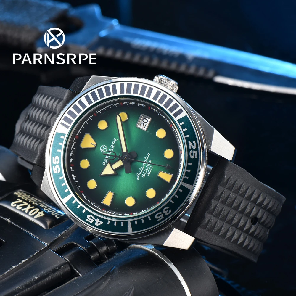 

Мужские автоматические механические часы PARNSRPE 42,5 мм Samurai NH35A с сапфировым стеклом и резиновым ремешком из нержавеющей стали