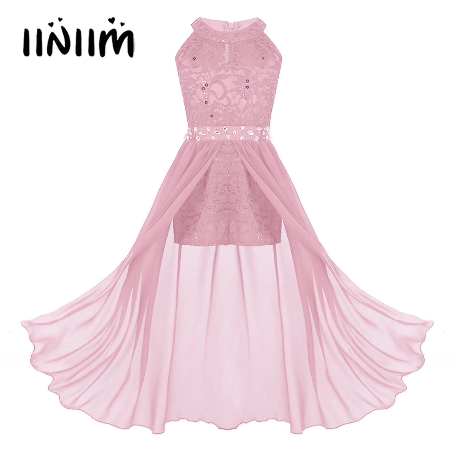

Girls Modern Dance Dress Sleeveless Floral Lace Rhinestone Maxi Romper Dress for Pageant School Dance Birthday Party