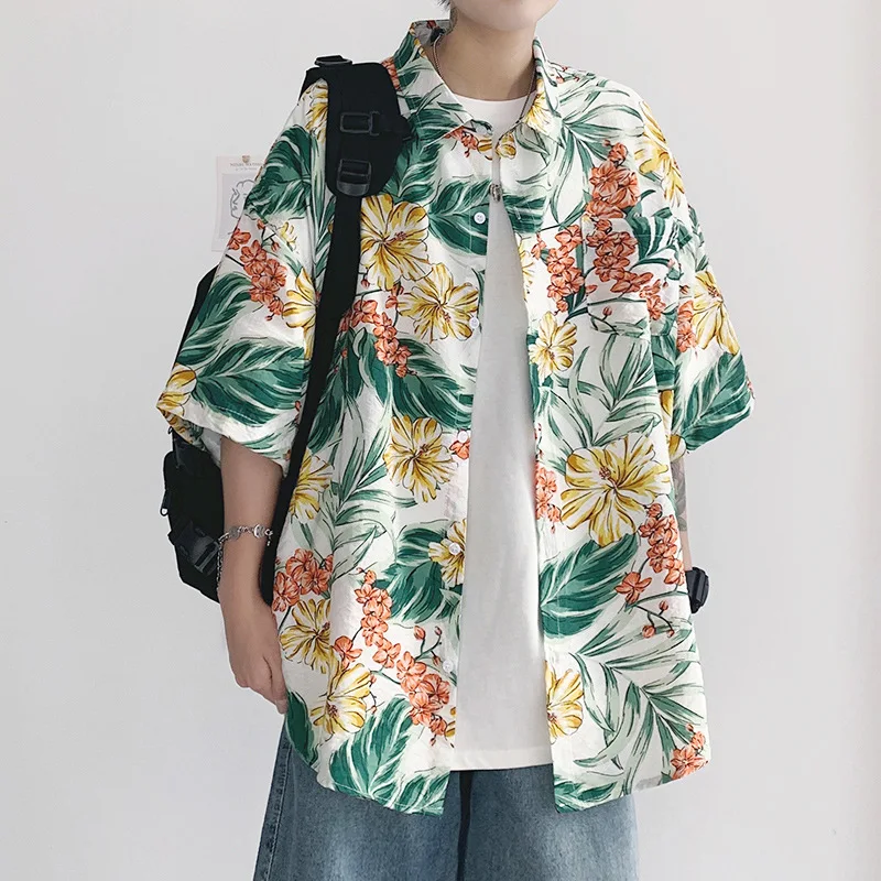 

Summer Hawaiian beach seaside flower Shirt for Men Vintage Button Up Thin Half Short Sleeve Shirts Korean Fashion Clothes