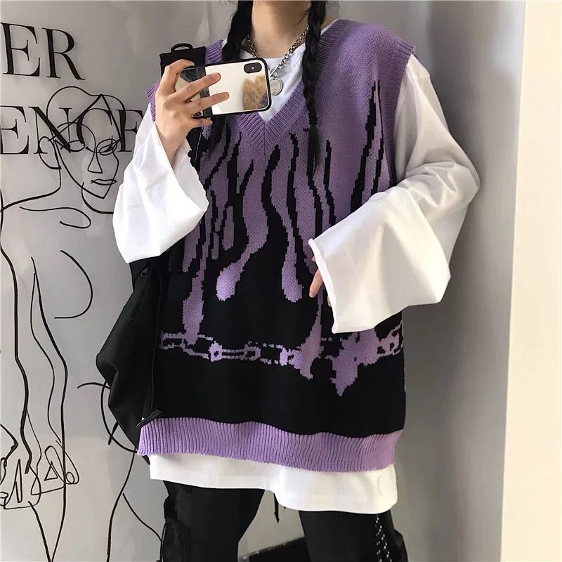Deeptown Gothic Streetwear Flame Print Oversize Sweater Vest Women Harajuku Hip Hop Knitted Sleeveless V-Neck Female Tops 2021