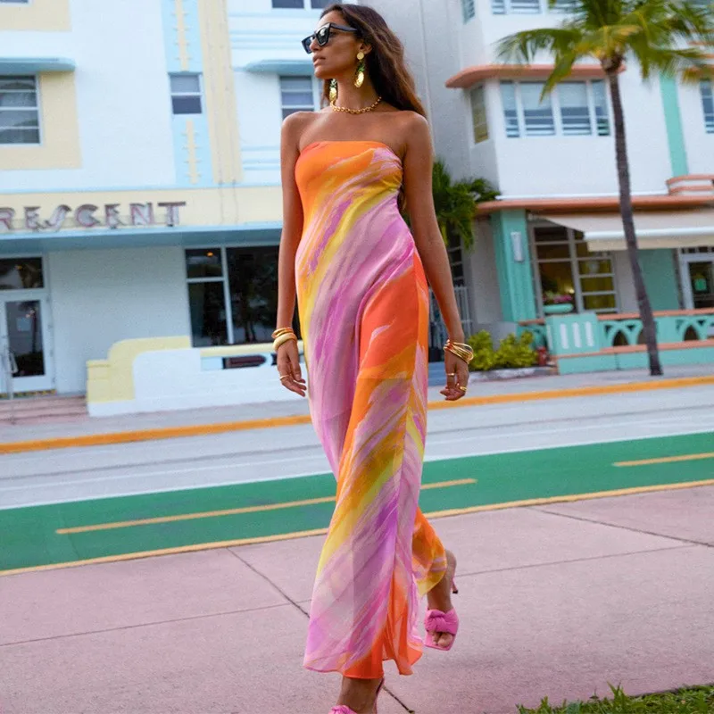 

Dress For Beach Summer Swim Cover Up Clothes 2023 Print Chiffon New Sexy Strapless With Spandex Women Outings Swimsuit Swimwear