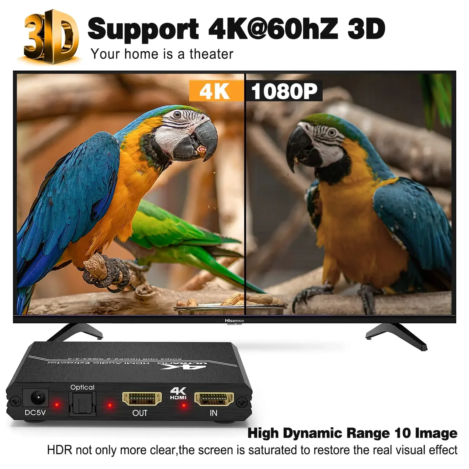 Фото Аудиоэкстрактор 4K 60 Гц HD 2.0 с оптическим выходом TOSLINK SPDIF 5.1CH R/L, 4K HD на SPDIF+R/L+3.5 мм, 18 Гбит/с, HDCP 2.2, с регулировкой громкости №5