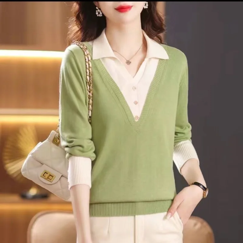 

Модный пуловер с цветными вставками и воротником-поло из двух частей, Элегантная удобная женская вязаная рубашка с декоративными пуговицами