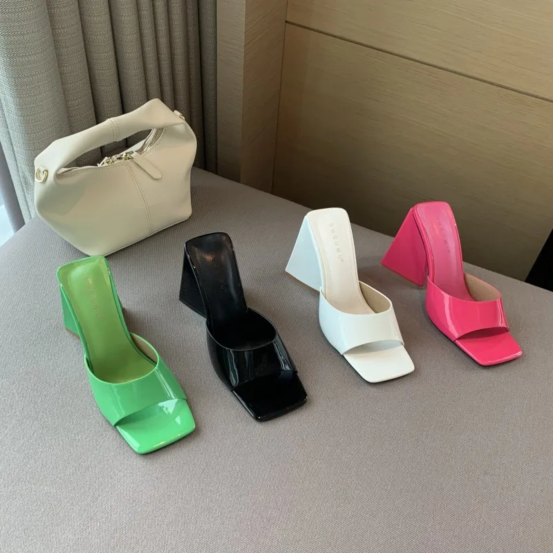 

Female Shoes Low Square heel Slippers Heels Luxury Slides 2022 Block High Designer Fabric Fashion Basic Rome Rubber PU Sexy