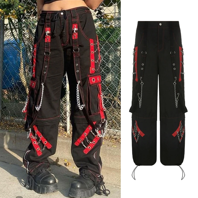 

MXMB Women Baggy Cargo Pants Punk Colorblock Eyelets Bandage Chain Wide Leg Trousers