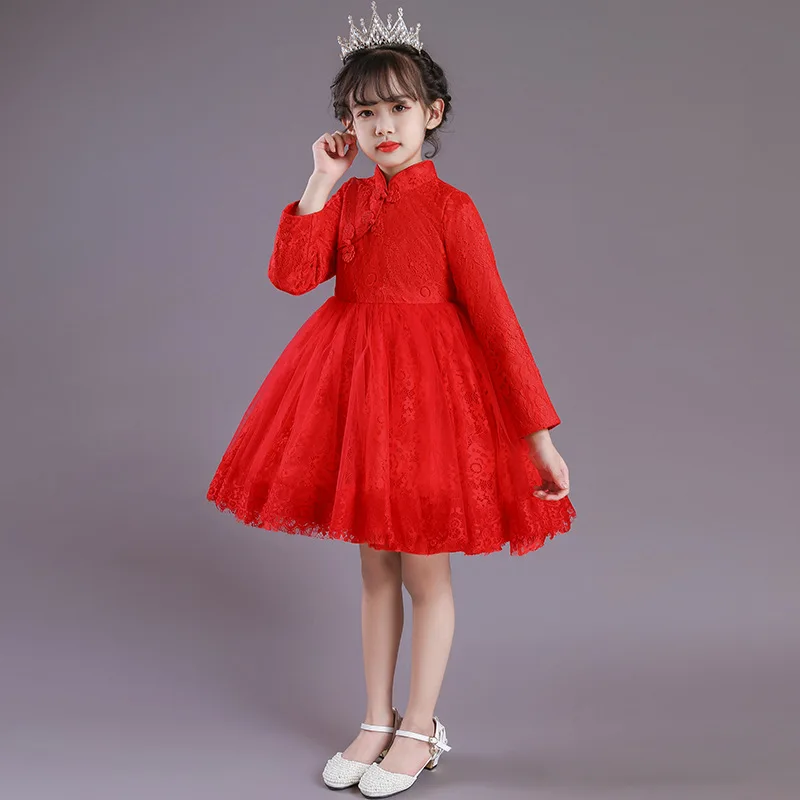 

Girls dress autumn winter new Chinese style long sleeved middle children's princess dress evening dress fluffy mesh dress