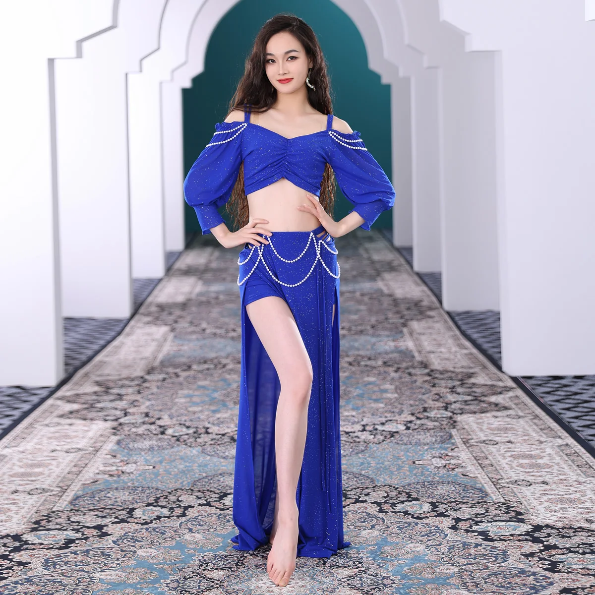 Сплошной цветной костюм для танца живота топ с пайетками и юбка разрезом