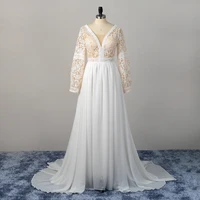 full sleeve chiffon wedding dresses ivorywhite v neck lace applique 2022 new summer lace up bridal gowns women robe de mari%c3%a9e