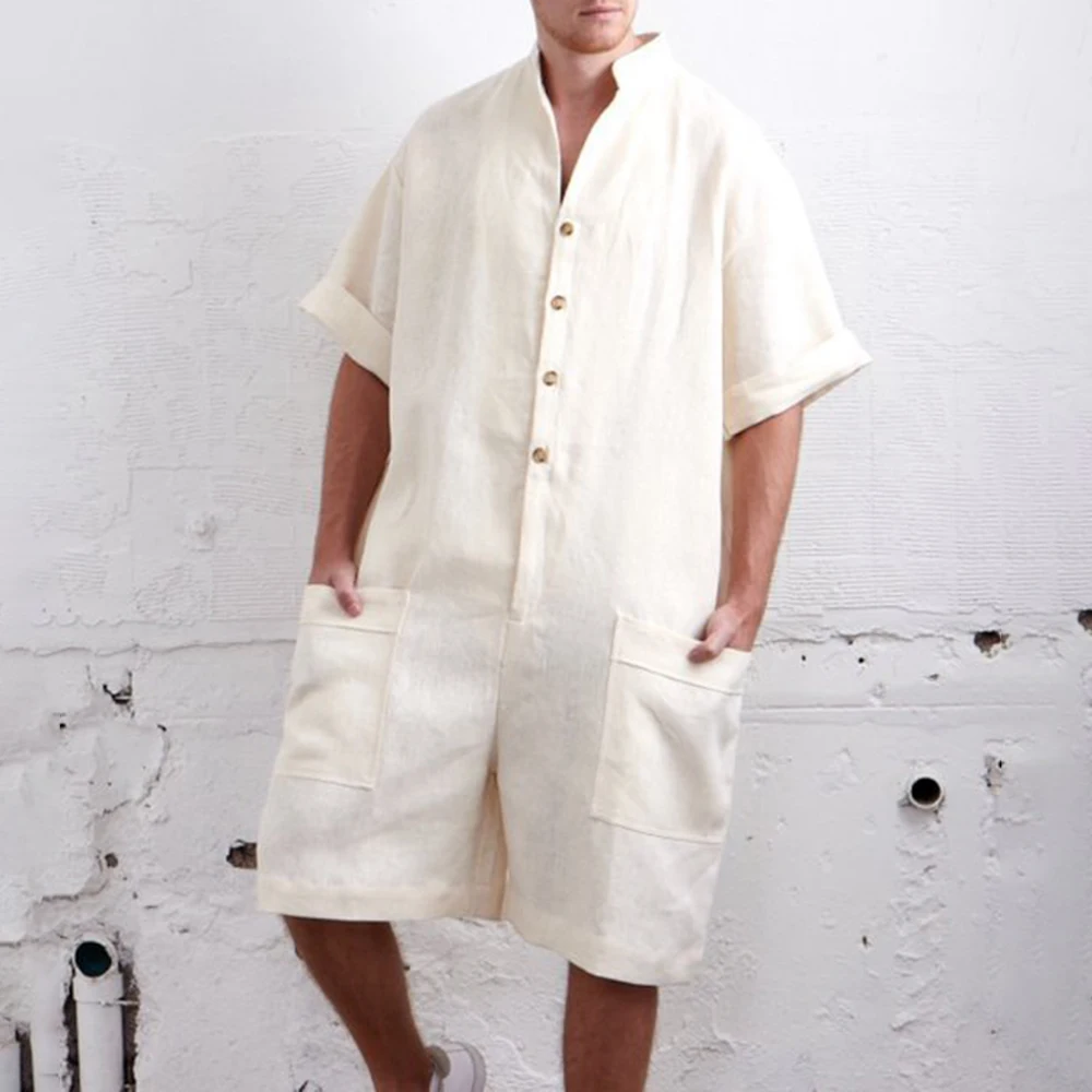 Rompers Men's Short Sleeve T-Shirt Solid Men Stand Collar Single-Breasted Hip-hop Shorts Jumpsuit Casual Loose LGBT Bodysuit