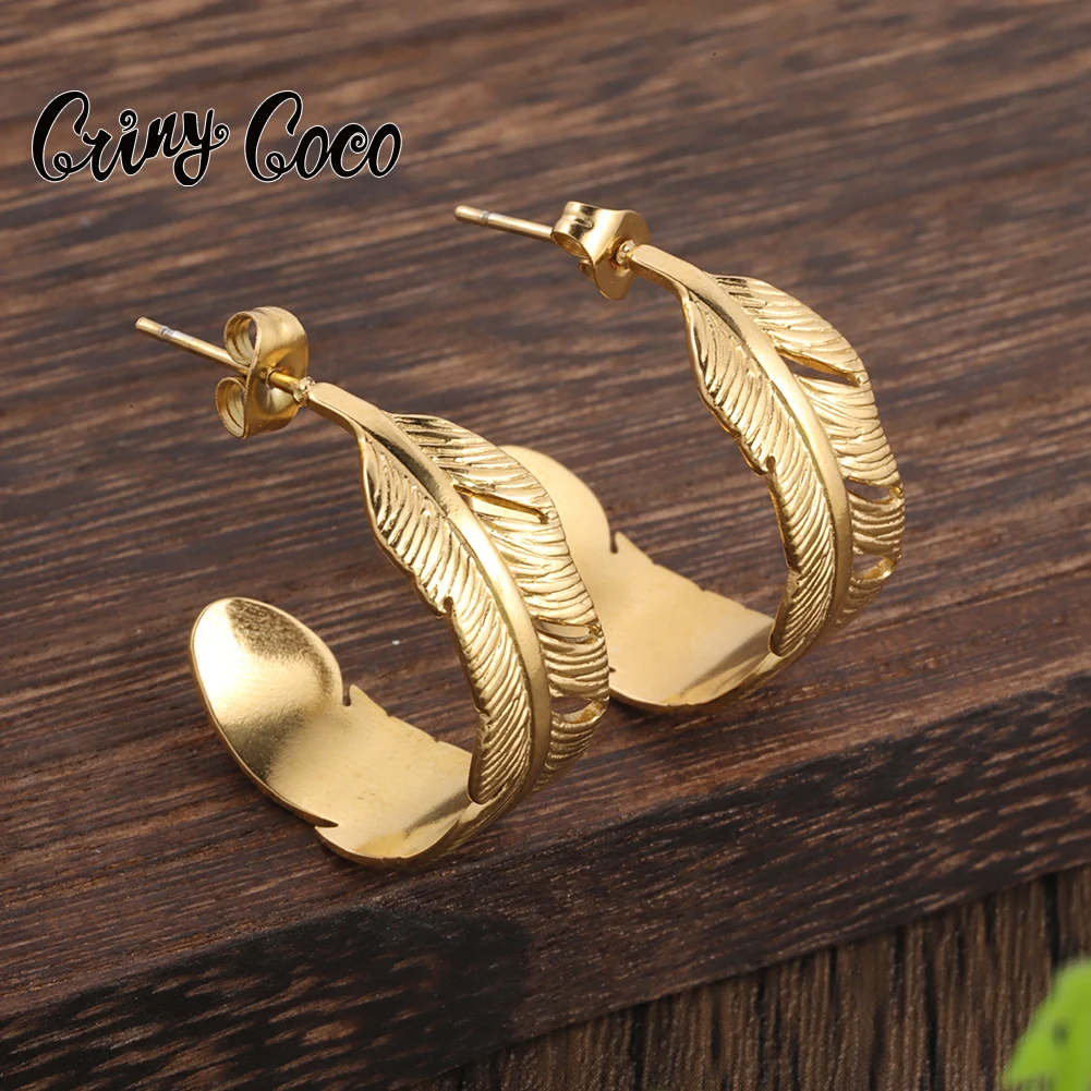 

Cring Coco Hoop Earrings Big Feather Earring Stainless Steel Jewelry Women's Trend Ins Gold Color Earrings for Women Party 2023