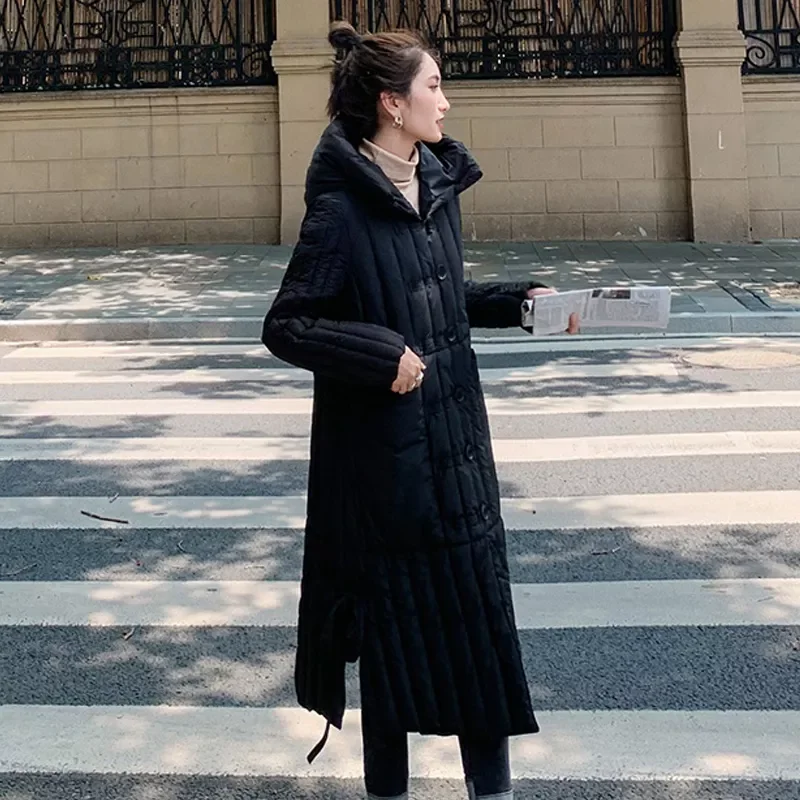 Cold Coat Loose Thick Solid X-Long Women's Winter Quilted Jackets  Single Breasted Hooded Stand Collar Casual Parkas