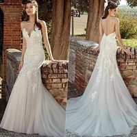 sexy v line mermaid wedding dress elegant lace appliques spaghetti straps bride gown sleeveless backless off the shoulder train