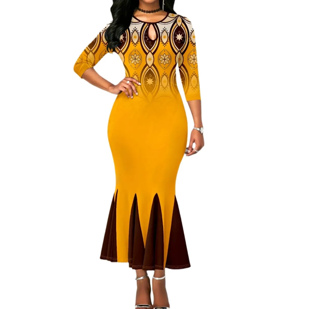 Женское облегающее платье с круглым вырезом Элегантное черно-оранжевое в стиле