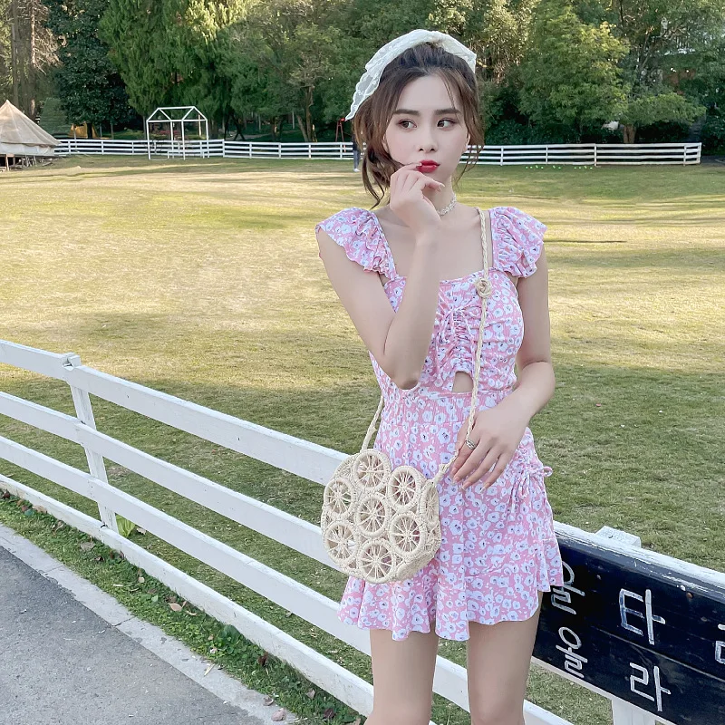 

2022 New Korean Style Print Swimsuit Women Sexy Swimwear Summer Bathing Suits Beach Swim High Waist One Piece Swimskirt