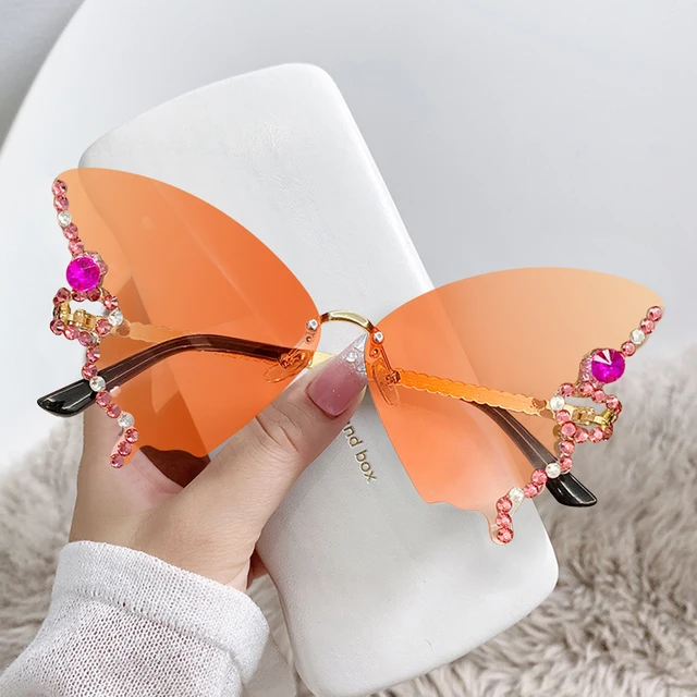 Luxury Designer Frameless Crystal Butterfly Sunglasses Vintage Brand Shades for Women Rimless Sun Glasses Bling Diamond Eyewear 6