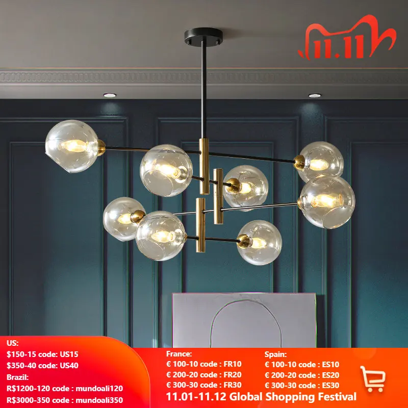 

Современная светодиодная люстра в скандинавском стиле, потолочный светильник с черными стеклянными шариками для гостиной, спальни, кухни, ...