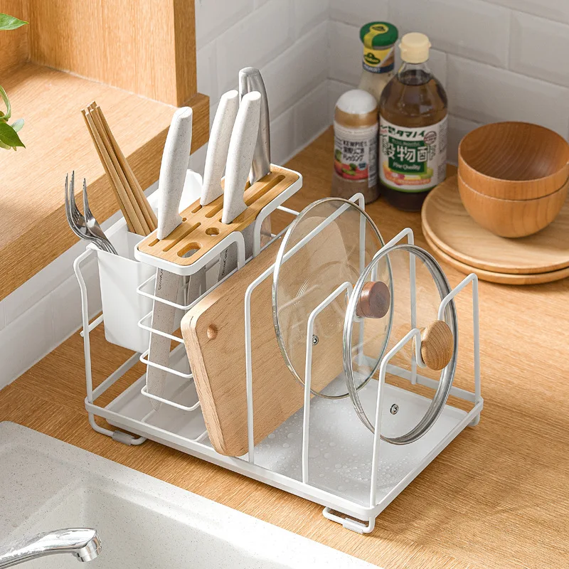 

Kitchen Utensils Storage Drain Rack Countertop Multi-purpose with Chopsticks Tube Pot Cover Chopping Board Storage Rack