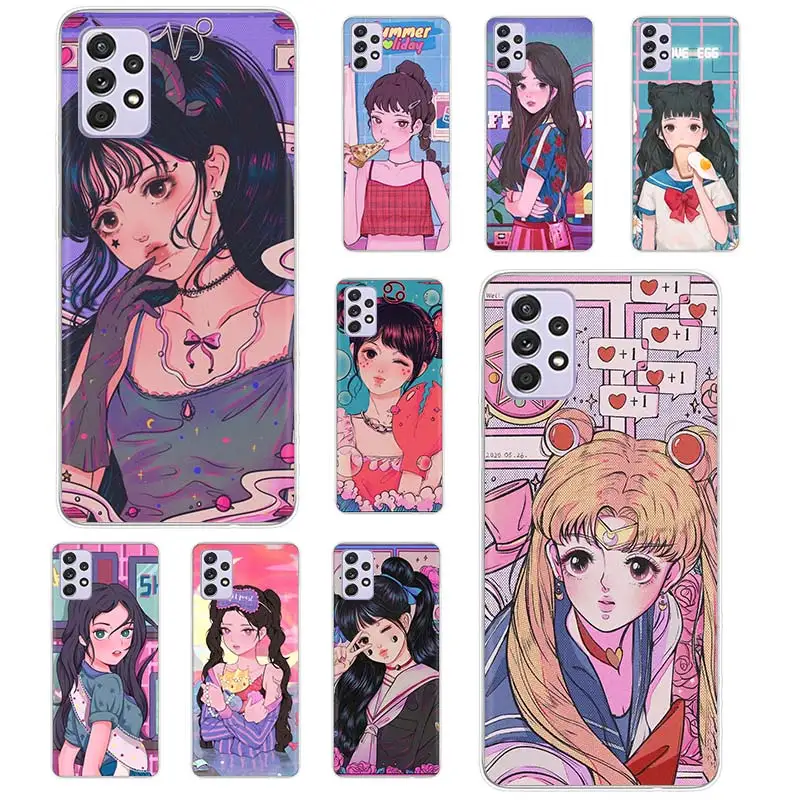 

Case Funda For Samsung Galaxy A52s A52 A73 A51 A71 A72 A12 A22 A32 A02s A21S Kawaii Japanese Anime Illustration Girl Cover Coque