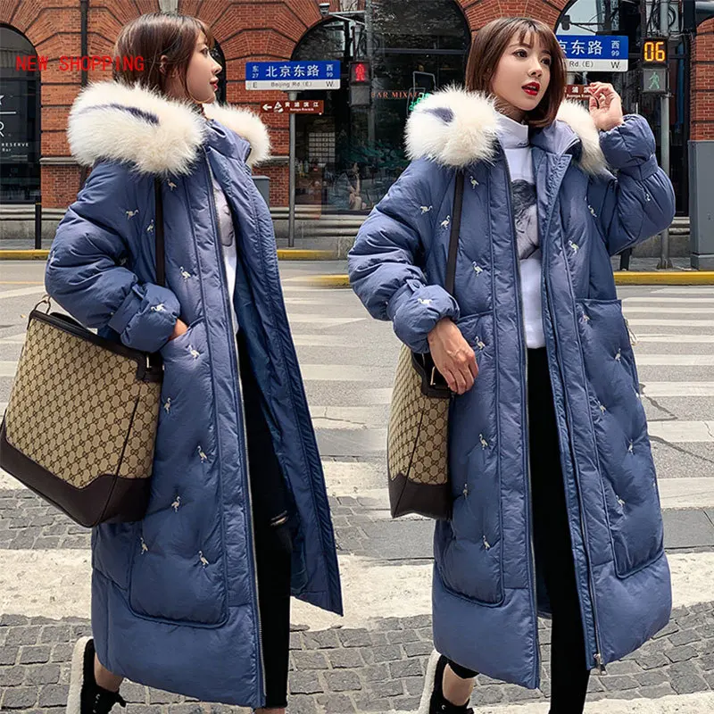 Chic Fur Coat Hooded Winter Down Coat Warm Jacket Long Women Thicken Cotton Padded Parkas Embroidered Female Jacket Plus Size