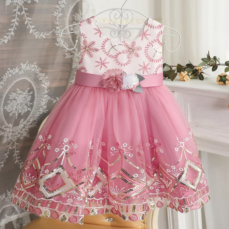 

Baby Princess Birthday Party Embroidered Lace Bow Dress Girl's mesh flower ball Holy Communion Christmas party performance dress