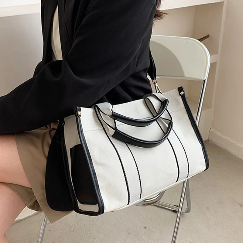 

Casual Canvas Big Capacity Tote Bags For Women Contrast Color Shopper Women Handbag Striped Shoulder Bag Women's Bag New