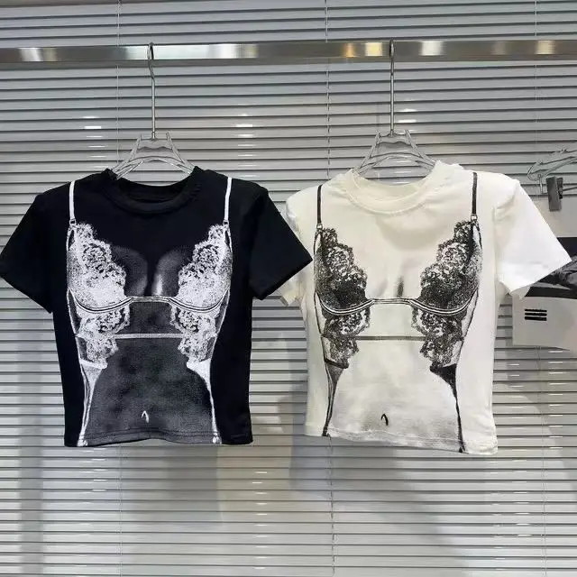 Новинка 2024 женские футболки Забавный принт бикини Наплечные подушечки футболка