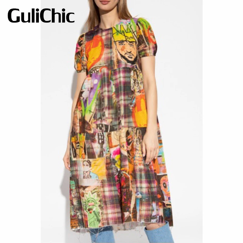 3.18 GuliChic Vintage Fashion Contrast Color Print Pattern Puff Sleeve Loose Casual Dress Women