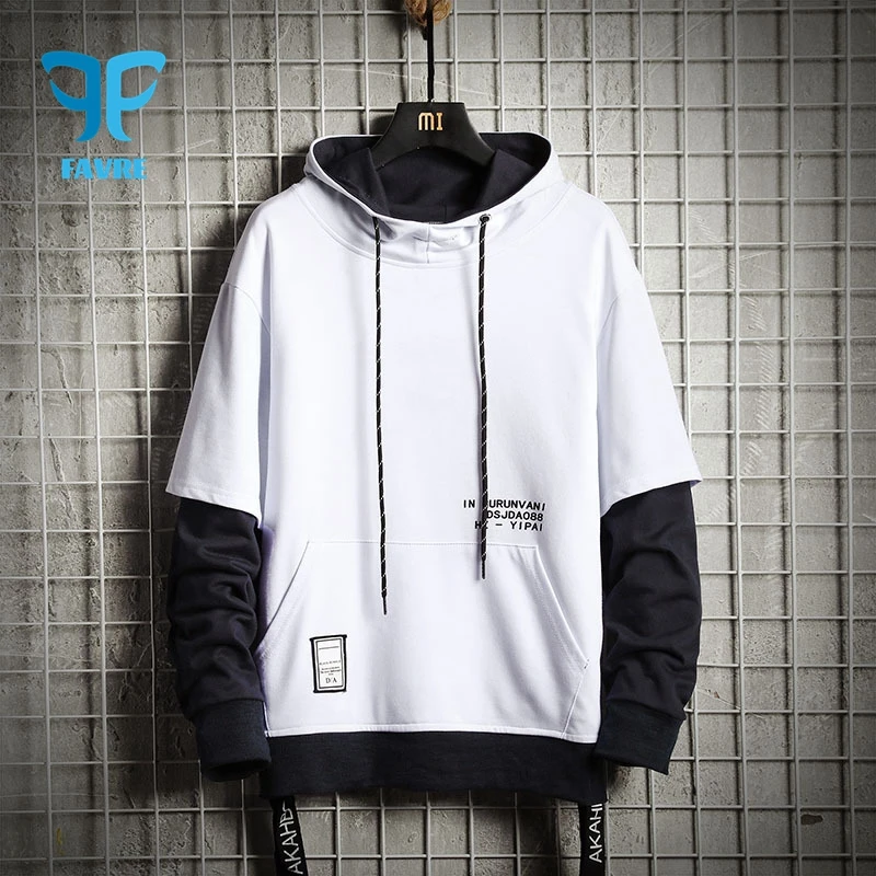 

FAVRE Mens Letter Print Hoodies Fake 2-Piece Colorblock Sweatshirts High Street Harajuku Streetwear Casual Patchwork Pullovers