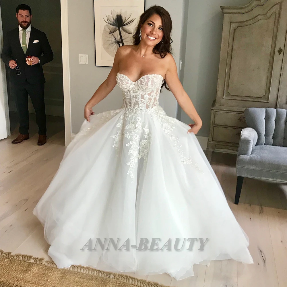 

Anna Princess Appliques Classic Wedding Dresses Sweetheart Court Train Sleeveless Tulle A Line Vestidos De Novia Made To Order