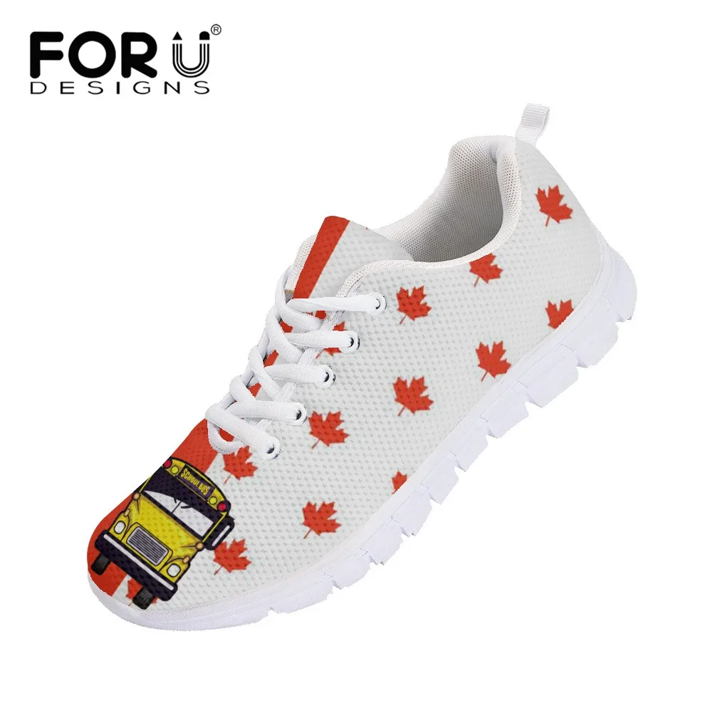 FORUDESIGNS School Bus Driver Print Canadian Flag Women Flat Shoes Brand Design Female Sneakers Casual Air Mesh Ladies Footwear