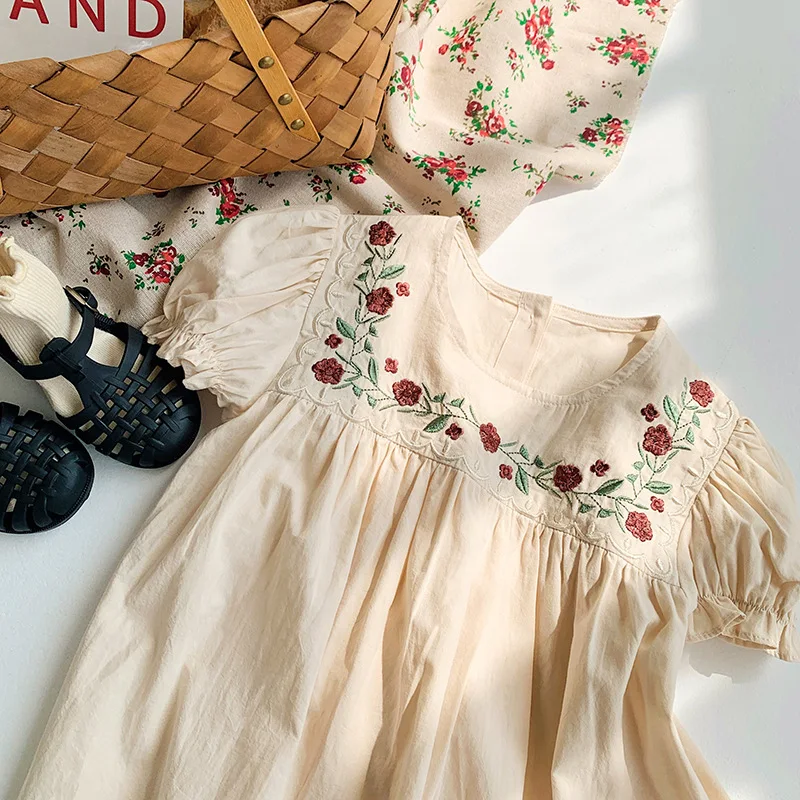 

Sweet Baby Girls Print Dresses 2023 New Clothes Kids Summer Dress Short Sleeve Floral Embroidery Children Party Dress